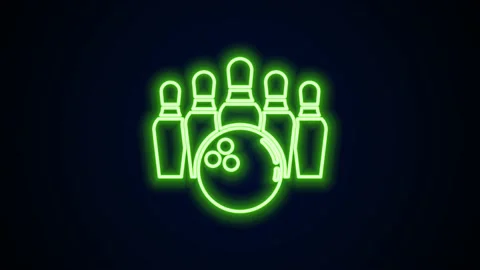 Glowing neon line Bowling pin and ball icon isolated on black background. Sport Stock Footage 148444750