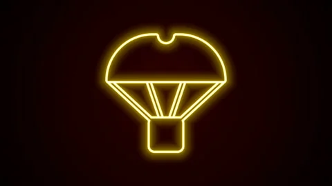 Glowing neon line Box flying on parachute icon isolated on black background Stock Footage 142915606