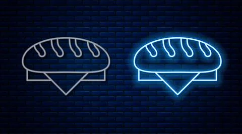 Glowing neon line Bread loaf icon isolated on brick wall background.  Vector Stock Illustration