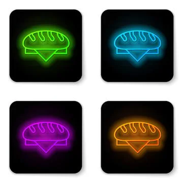 Glowing neon line Bread loaf icon isolated on white background. Black square Illustrazione stock