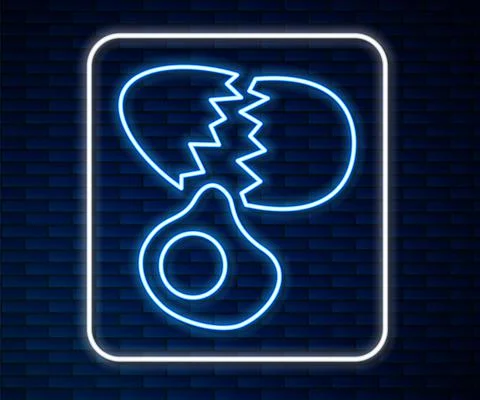 Glowing neon line Broken egg icon isolated on brick wall background. Happy Stock Illustration
