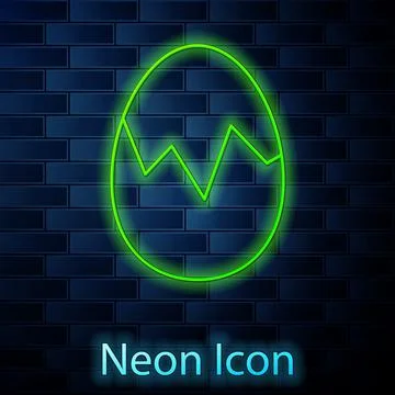 Glowing neon line Broken egg icon isolated on brick wall background. Happy Stock Illustration