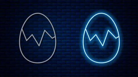 Glowing neon line Broken egg icon isolated on brick wall background. Happy .. Stock Illustration