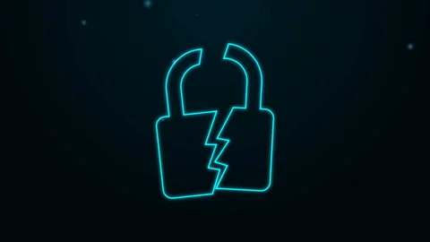 Glowing neon line Broken or cracked lock icon isolated on black background Stock Footage 139468877