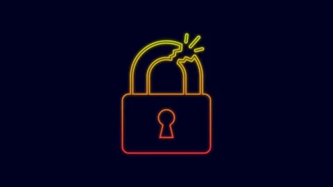 Glowing neon line Broken or cracked lock icon isolated on blue background Stock Footage 227245211