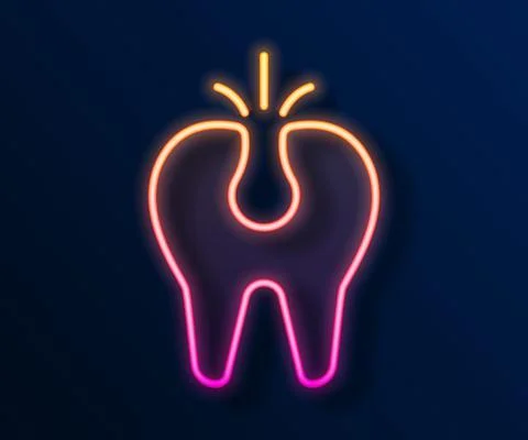 Glowing neon line Broken tooth icon isolated on black background. Dental problem Stockillustratie