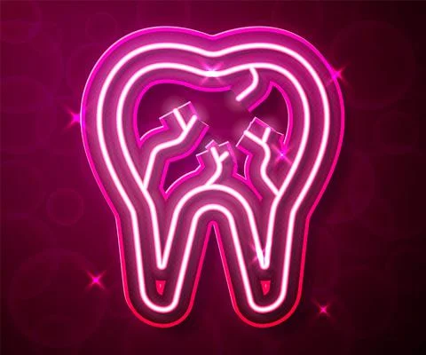 Glowing neon line Broken tooth icon isolated on red background. Dental problem イラスト素材