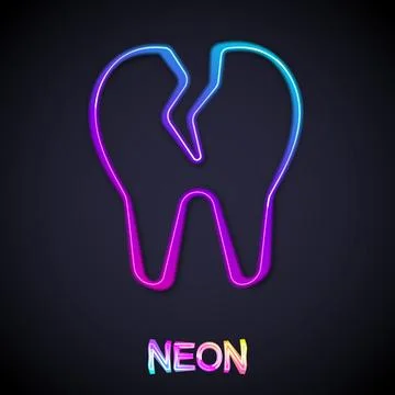 Glowing neon line Broken tooth icon isolated on black background. Dental problem イラスト素材