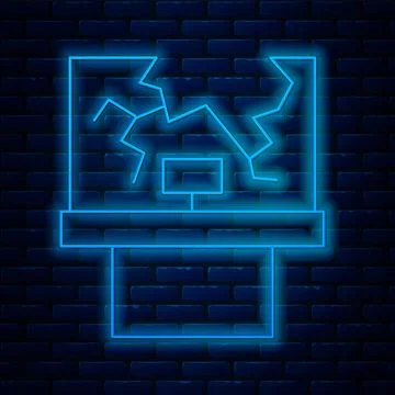 Glowing neon line Broken window icon isolated on brick wall background. Damaged Ilustración de archivo