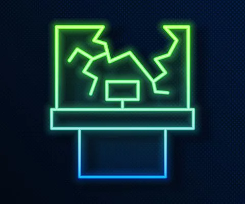Glowing neon line Broken window icon isolated on blue background. Damaged window Ilustración de archivo