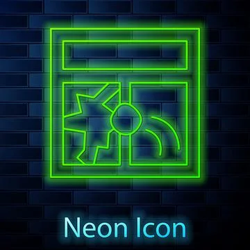 Glowing neon line Broken window icon isolated on brick wall background. Damaged Ilustración de archivo