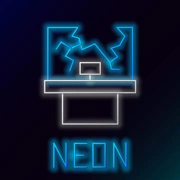 Glowing neon line Broken window icon isolated on black background. Damaged wi Ilustración de archivo