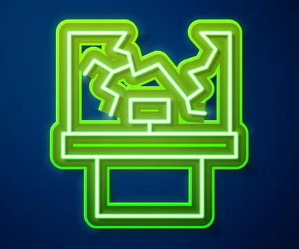 Glowing neon line Broken window icon isolated on blue background. Damaged window Ilustración de archivo