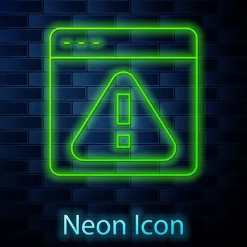 Glowing neon line Browser with exclamation mark icon isolated on brick wall.. Illustrazione stock