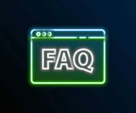 Glowing neon line Browser FAQ icon isolated on black background. Internet c.. Illustrazione stock