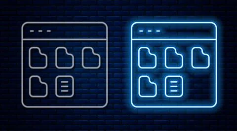 Glowing neon line Browser files icon isolated on brick wall background. Vector Stock Illustration