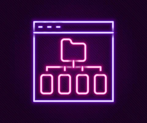 Glowing neon line Browser files icon isolated on black background. Colorful イラスト素材