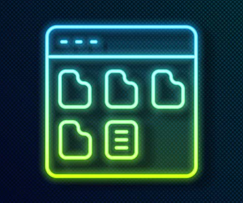 Glowing neon line Browser files icon isolated on black background. Vector イラスト素材