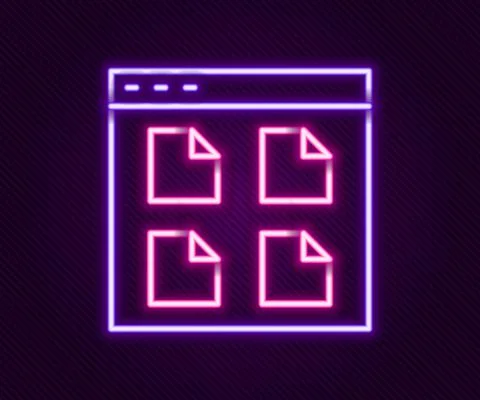 Glowing neon line Browser files icon isolated on black background. Colorful Stock Illustration