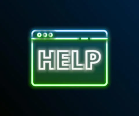 Glowing neon line Browser help icon isolated on black background. Internet Ilustración de archivo