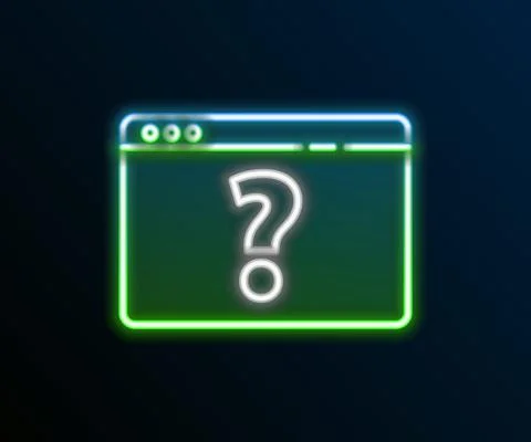 Glowing neon line Browser with question mark icon isolated on black background Stock Illustration