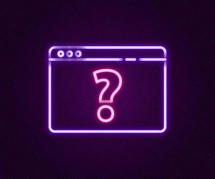 Glowing neon line Browser with question mark icon isolated on black background Ilustración de archivo