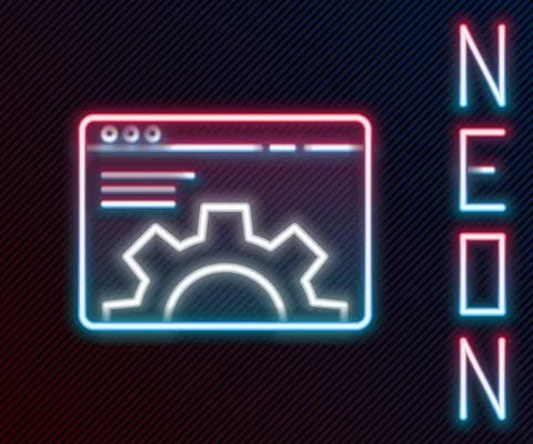 Glowing neon line Browser setting icon isolated on black background. Adjusting Illustrazione stock