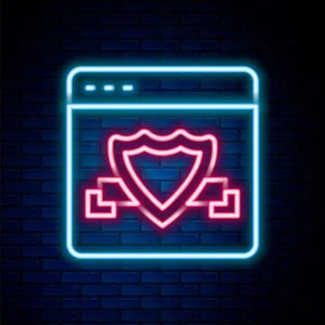 Glowing neon line Browser with shield icon isolated on brick wall background. Illustrazione stock
