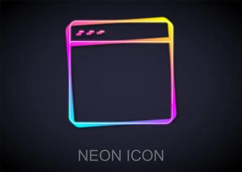 Glowing neon line Browser window icon isolated on black background. Vector Illustrazione stock
