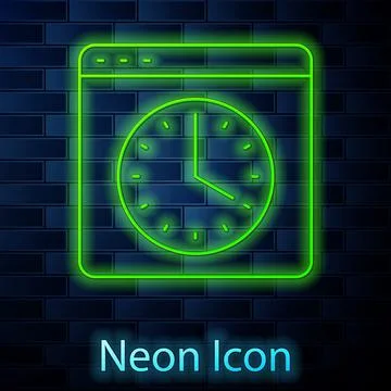 Glowing neon line Browser window icon isolated on brick wall background. Vector Stockillustratie
