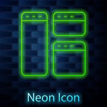Glowing neon line Browser window icon isolated on brick wall background. Vector Stock Illustration