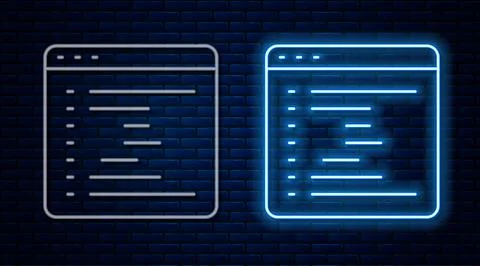 Glowing neon line Browser window icon isolated on brick wall background. Vector 库存插图