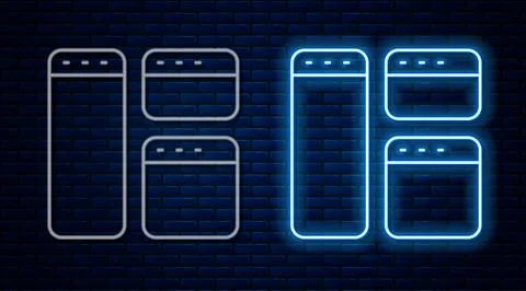 Glowing neon line Browser window icon isolated on brick wall background. Vector Stock Illustration