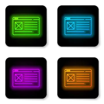 Glowing neon line Browser window icon isolated on white background. Black square 스톡 일러스트
