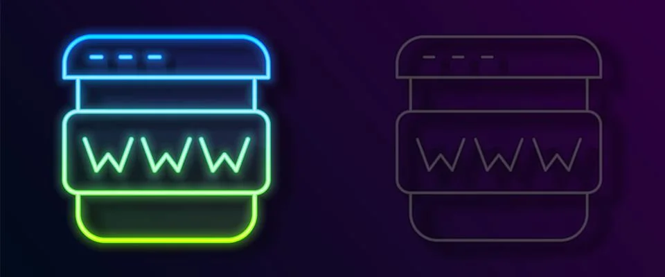 Glowing neon line Browser window icon isolated on black background. Vector Stockillustratie