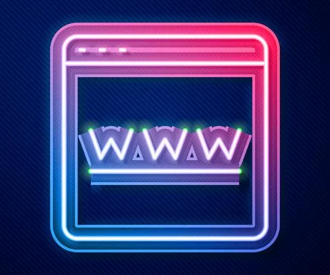 Glowing neon line Browser window icon isolated on blue background. Vector 스톡 일러스트