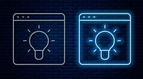 Glowing neon line Browser window icon isolated on brick wall background. Vector 库存插图