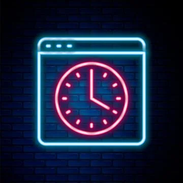 Glowing neon line Browser window icon isolated on brick wall background. Co.. Stock Illustration