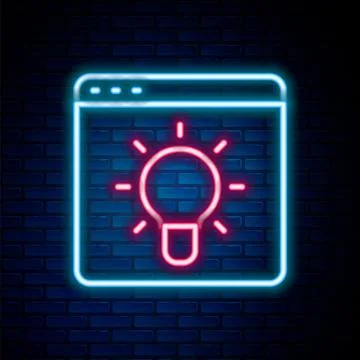 Glowing neon line Browser window icon isolated on brick wall background. Co.. 스톡 일러스트