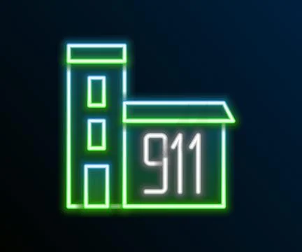 Glowing neon line Building of fire station icon isolated on black backgroun.. 库存插图