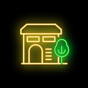 Glowing neon line building with tree icon isolated on black background vector Ilustración de archivo
