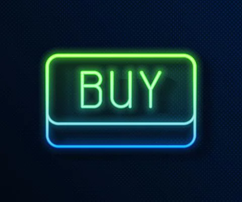 Glowing neon line Buy button icon isolated on blue background. Financial and Stock Illustration