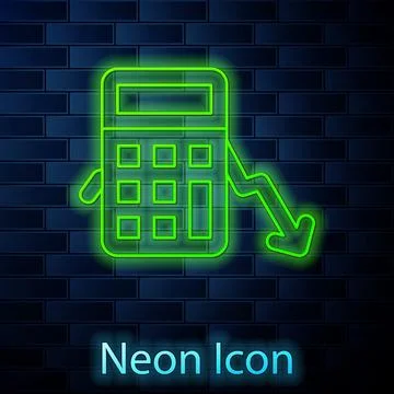 Glowing neon line Calculation of expenses icon isolated on brick wall backg.. Ilustração Stock