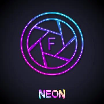 Glowing neon line Camera shutter icon isolated on black background. Vector Stock Illustration