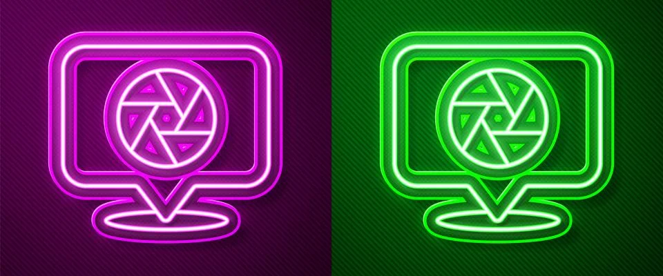 Glowing neon line Camera shutter icon isolated on purple and green background Stock Illustration