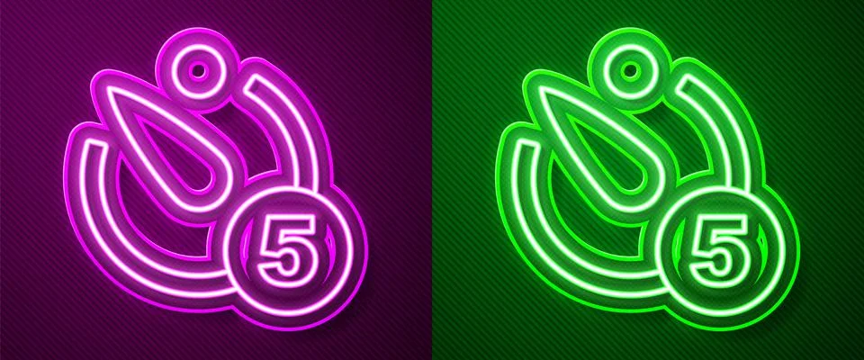Glowing neon line Camera timer icon isolated on purple and green background Illustrazione stock