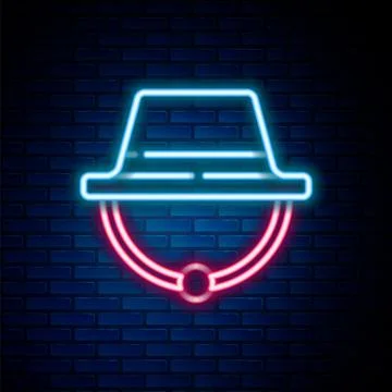 Glowing neon line Camping hat icon isolated on brick wall background. Beach.. Stock Illustration