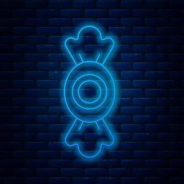 Glowing neon line Candy icon isolated on brick wall background.  Vector Stock Illustration