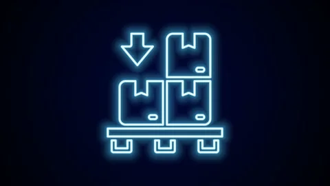 Glowing neon line Cardboard boxes on pallet icon isolated on black background Stock Footage 227330923