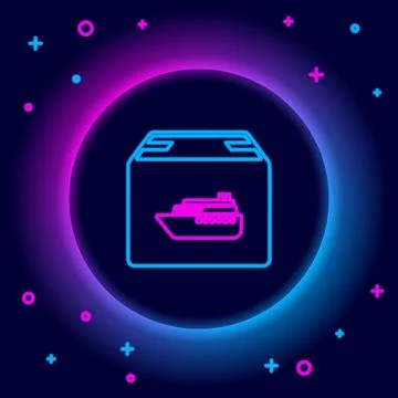 Glowing neon line Cargo ship with boxes delivery service icon isolated on b.. 스톡 일러스트
